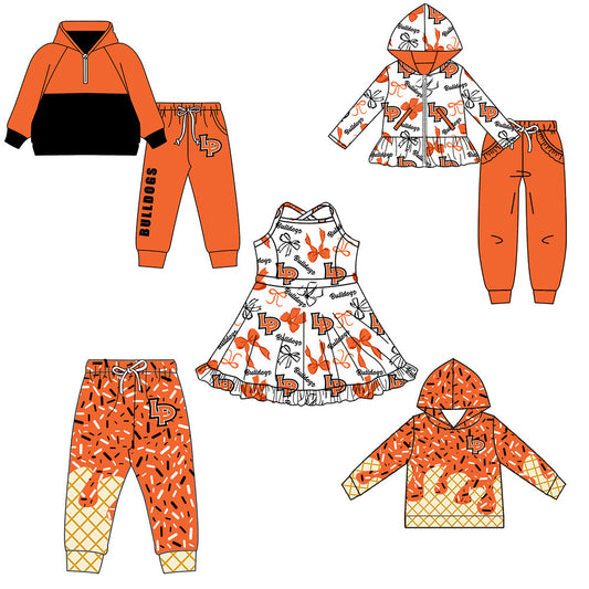 ( Moq 5 each style ) Baby Boy Girl Team Sibling Shirt Orange Bows Cheer Dress Set 8.16
