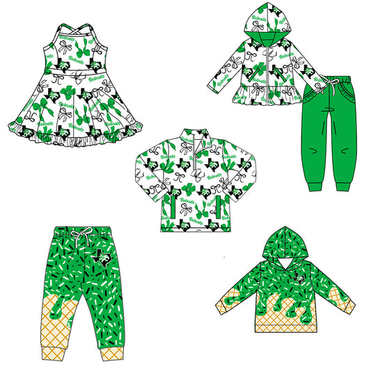 ( Moq 5 each style ) Baby Boy Girl Team Cheer Sibling Shirt Green Bows Jumpsuit Dress Set 8.12