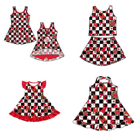 ( Moq 5 each style ) Baby Girl Toddler M Team Red Bows Cheer Sibling Checked Dress Set 6.30