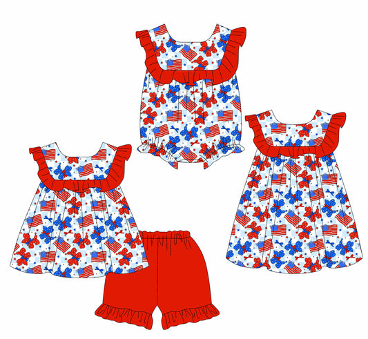 ( Moq 5 Each Style ) Sibling Baby Girls Kids Dogs Bows Flags 4th of July Romper Dress Set