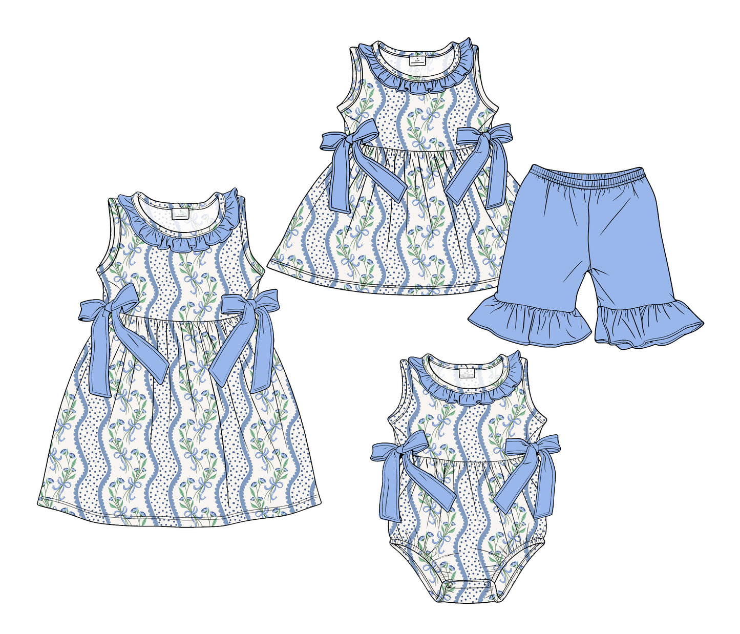 ( Moq 5 Each Style ) Sibling Baby Girls Kids Blue Flower Bows Romper Dress Set Summer Clothes
