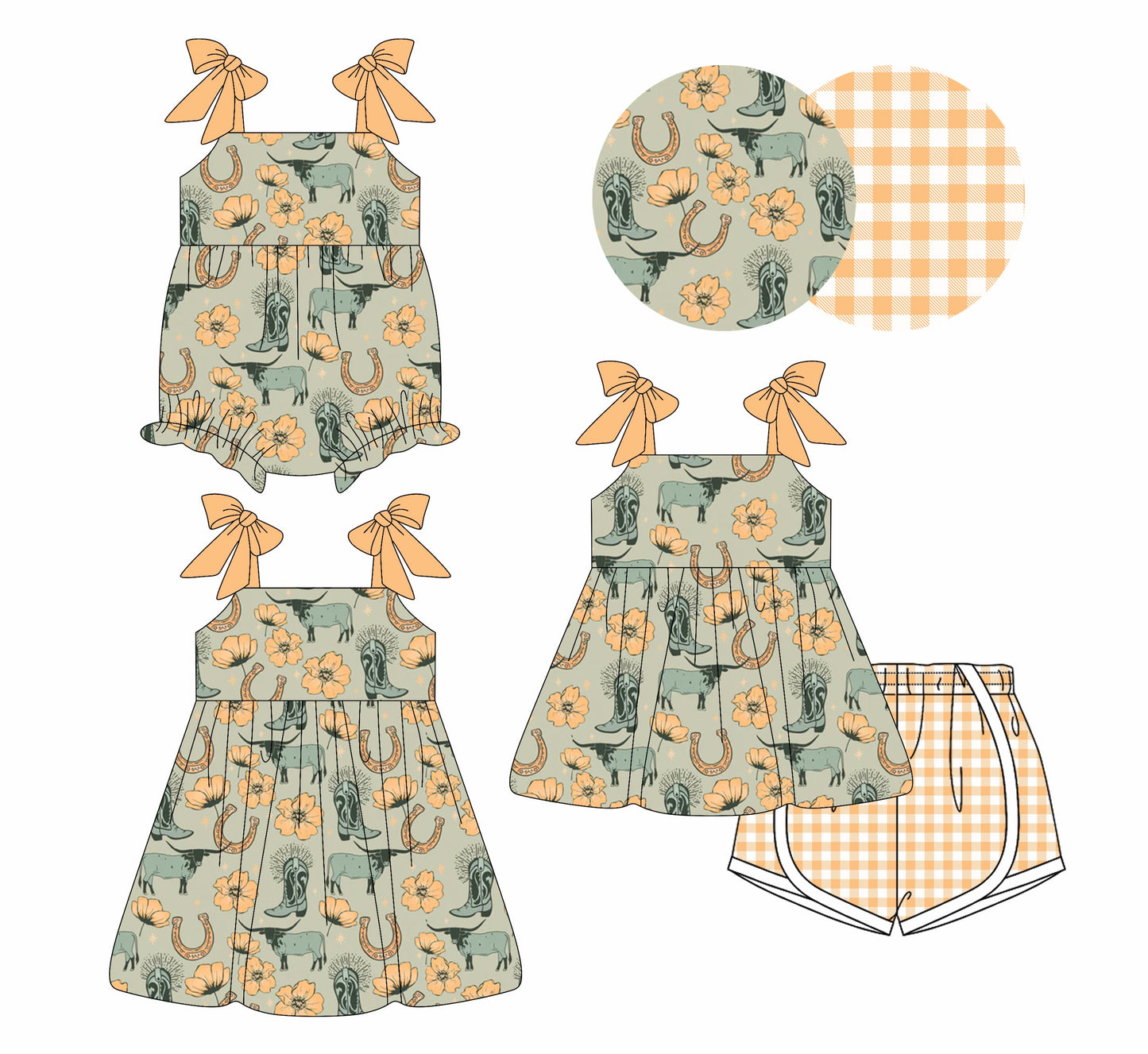 Baby Girl Straps Western Boots Flower Sibling Romper Dress Set ( Moq 5 Each Style ) 4.3