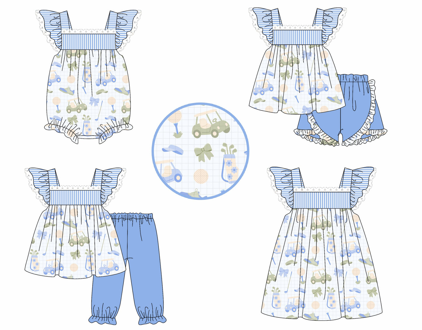 ( Moq 5 Each Style ) Baby Girl Short Sleeves Bows Golf Flower Sibling Summer Romper Dress Set 4.25