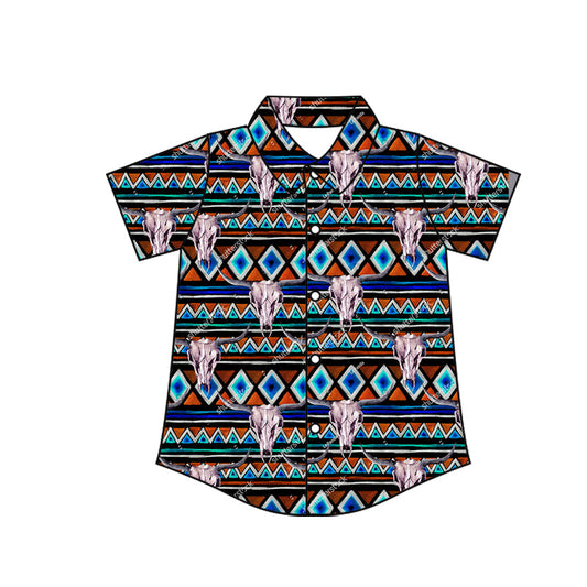 ( Moq 5 ) Baby Boy Short Sleeves Aztec Stripe Bull Skull Button Shirts Tops