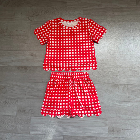( No moq ) Preorder Baby Girls Kids Short Sleeves Red Plaid Shirt Scallop Shorts Set Clothes