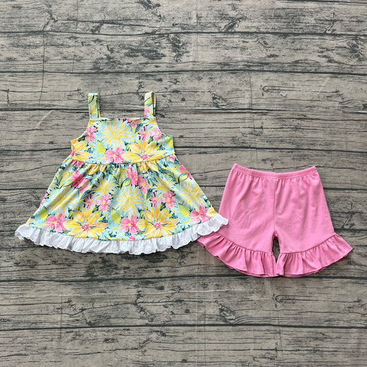 ( No moq ) Preorder Baby Girls Strap Colorful Flowers Ruffle Tunic Shorts Clothes Set