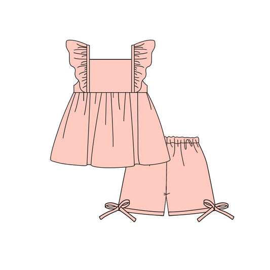 ( Moq 5 ) Preorder Baby Girl Kids Short Sleeves Ruffle Peach Tops Bows Shorts Set Cotton Clothes