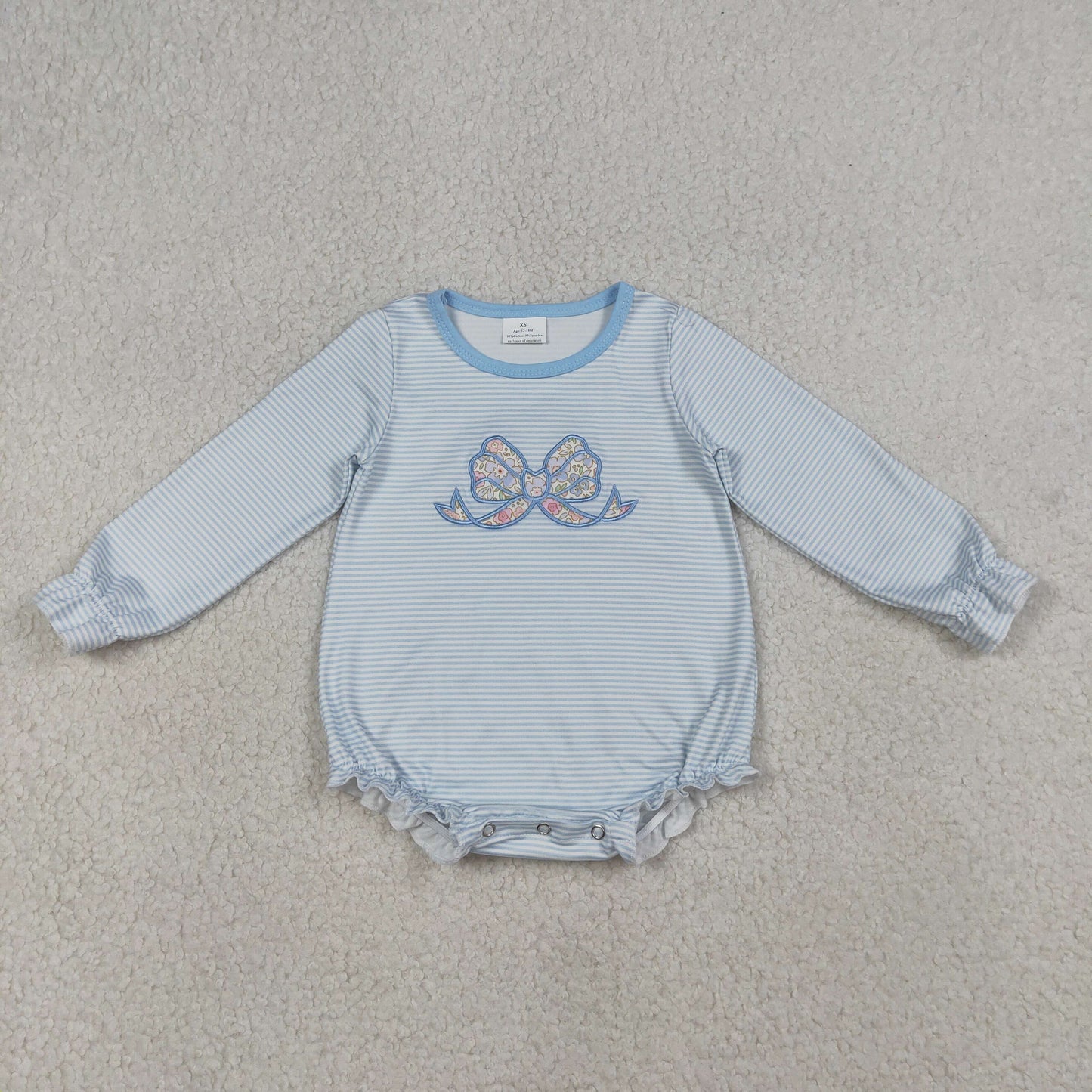 Baby Girls Blue Long Sleeves Embroidery Floral Bow Stripes Bubble Romper RTS