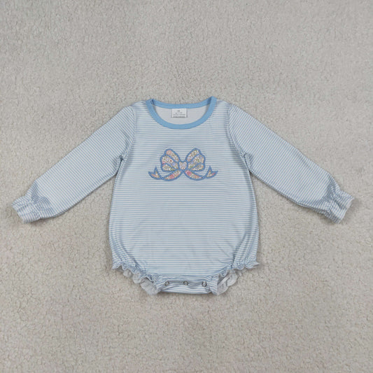 Baby Girls Blue Long Sleeves Embroidery Floral Bow Stripes Bubble Romper RTS