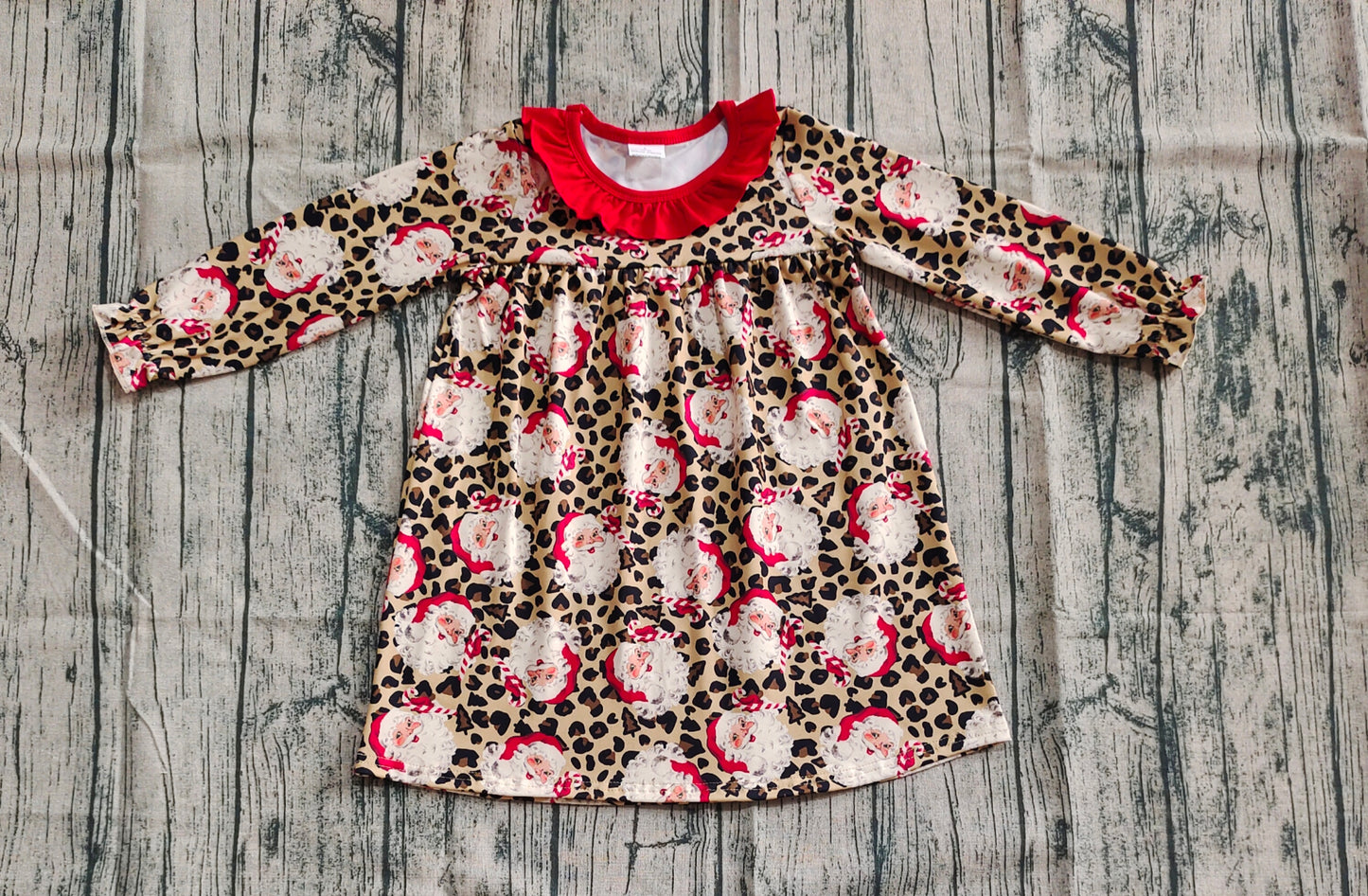 Baby Girl Long Sleeves Santa Leopard Knee Length Christmas Dress RTS