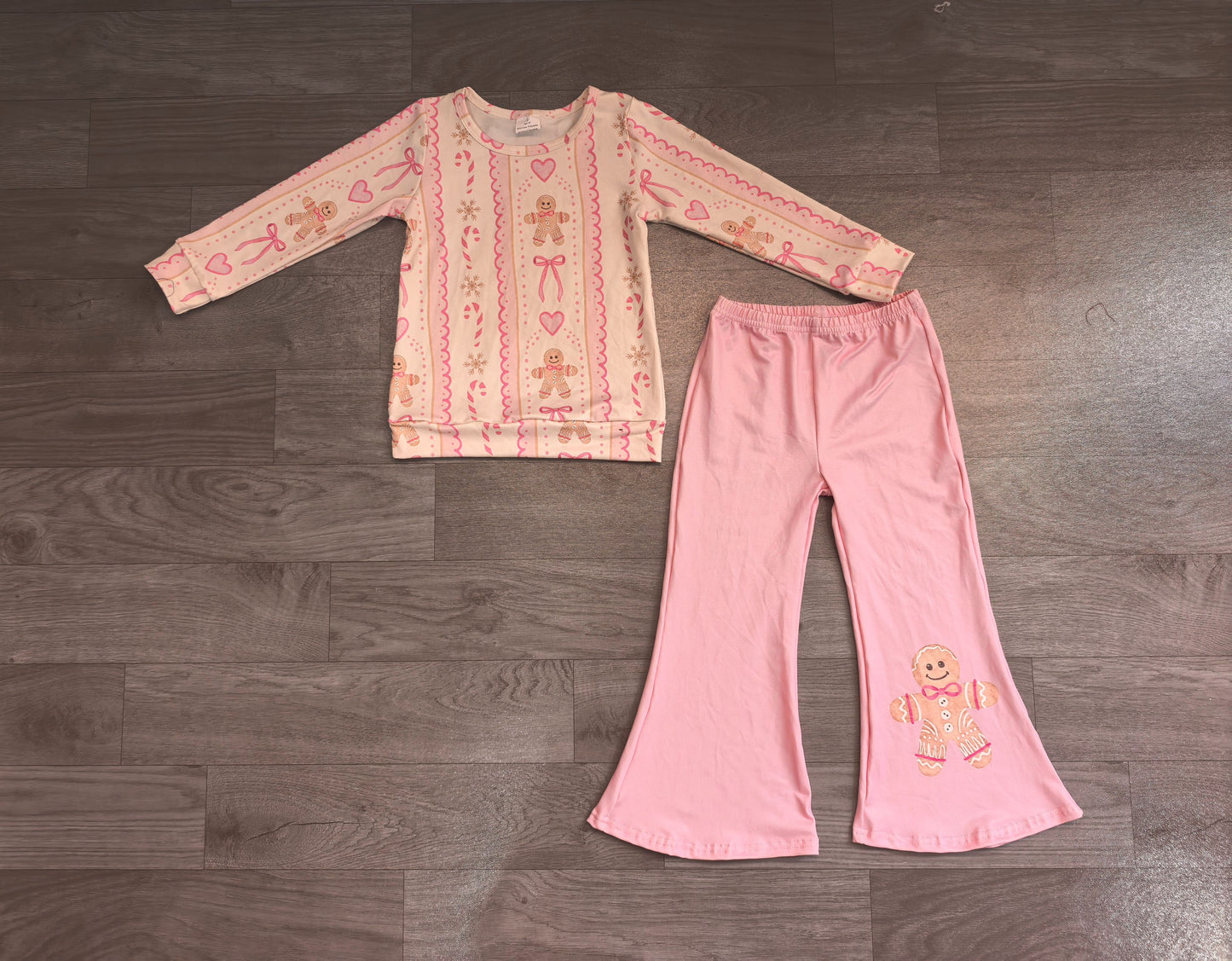( No moq ) Preorder Baby Girls Kids Long Sleeves Gingerbread Bows Christmas Shirt Pink Pants Set Clothes