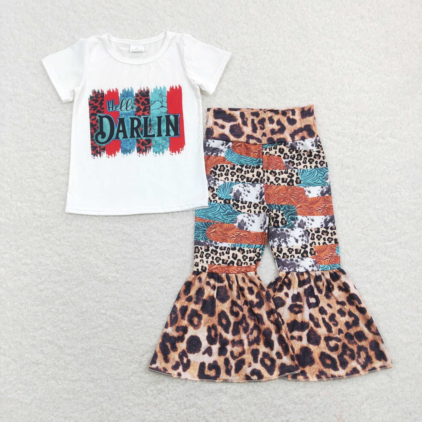 GSPO1160 Baby Girl Short Sleeves Hello Darlin Shirt Leopard Bell Pants Western Set