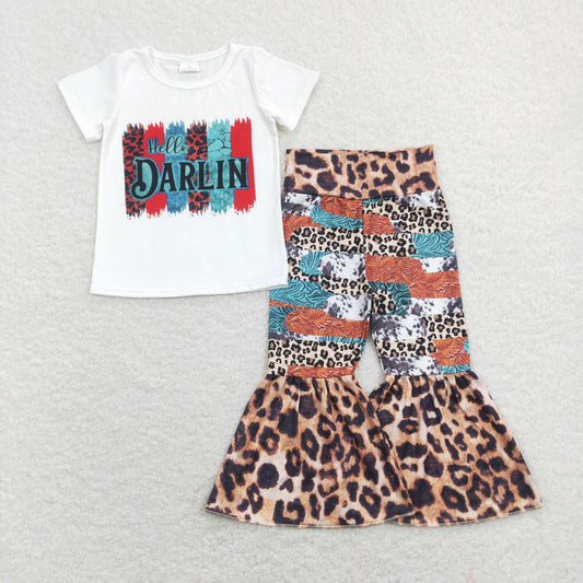 GSPO1160 Baby Girl Short Sleeves Hello Darlin Shirt Leopard Bell Pants Western Set