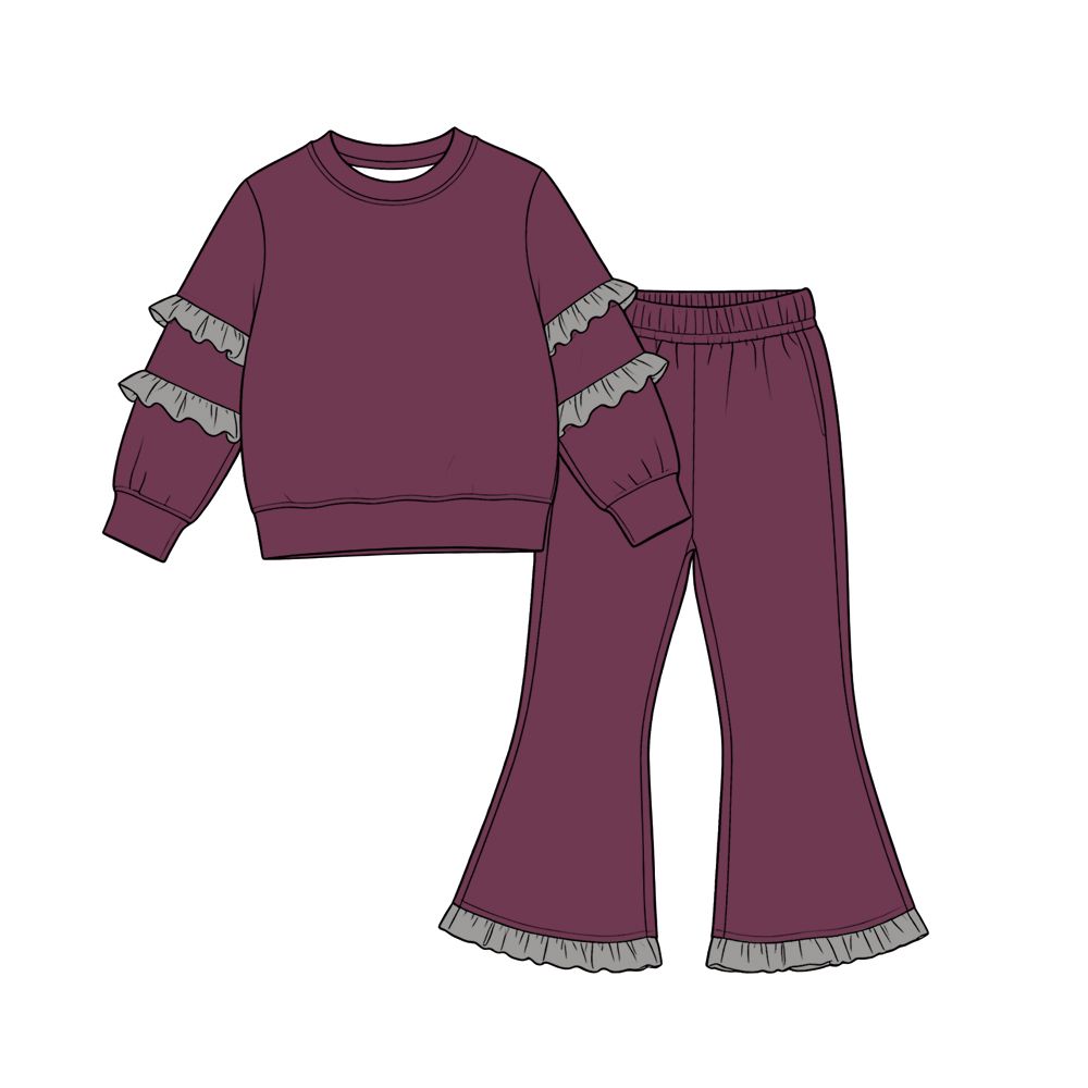( Moq 5 ) Preorder Baby Girls Kids Grey Ruffle Long Sleeves Shirt Bell Pants Set Cotton Clothes