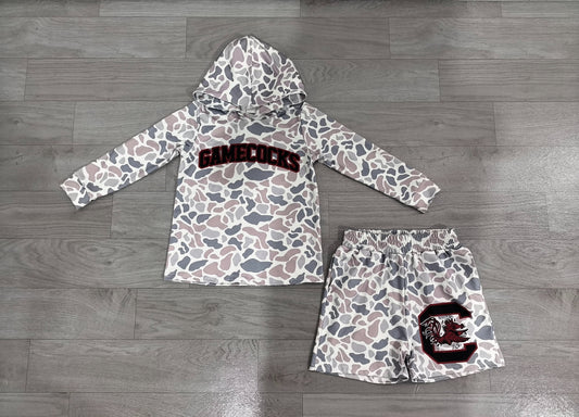 ( No moq ) Preorder Baby Boy Kids Long Sleeves Grey Camo Hoodie Shirt Chicken Shorts Team Set