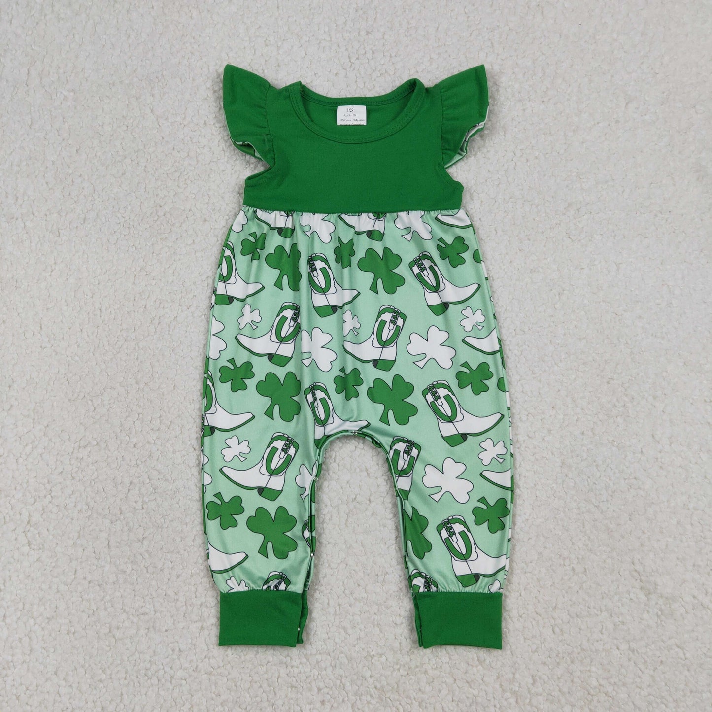 Sibling Baby Girls Kids Short Sleeves Clovers Boots St Patrick Green Romper Dress RTS