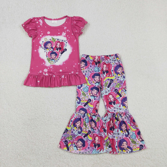 Baby Girls Short Sleeves Pink Shirt Singer Character Hearts Flower Pants Clothes Set RTS