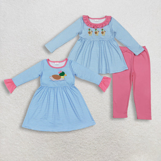 Sibling Baby Girls Kids Long Sleeves Embroidery Ducks Stripes Dress Set RTS