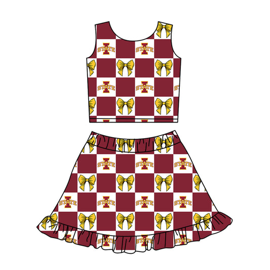 ( Moq 5 ) Baby Girls Kids Toddler Bows Dark Red Checked Tops Shorts Ruffle Skirt Team Set