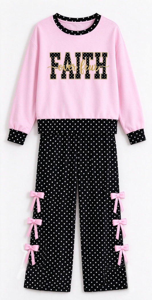 ( Moq 5 ) Preorder Baby Girls Kids Long Sleeves Faith Shirt Pink Bows Pants Set Clothes