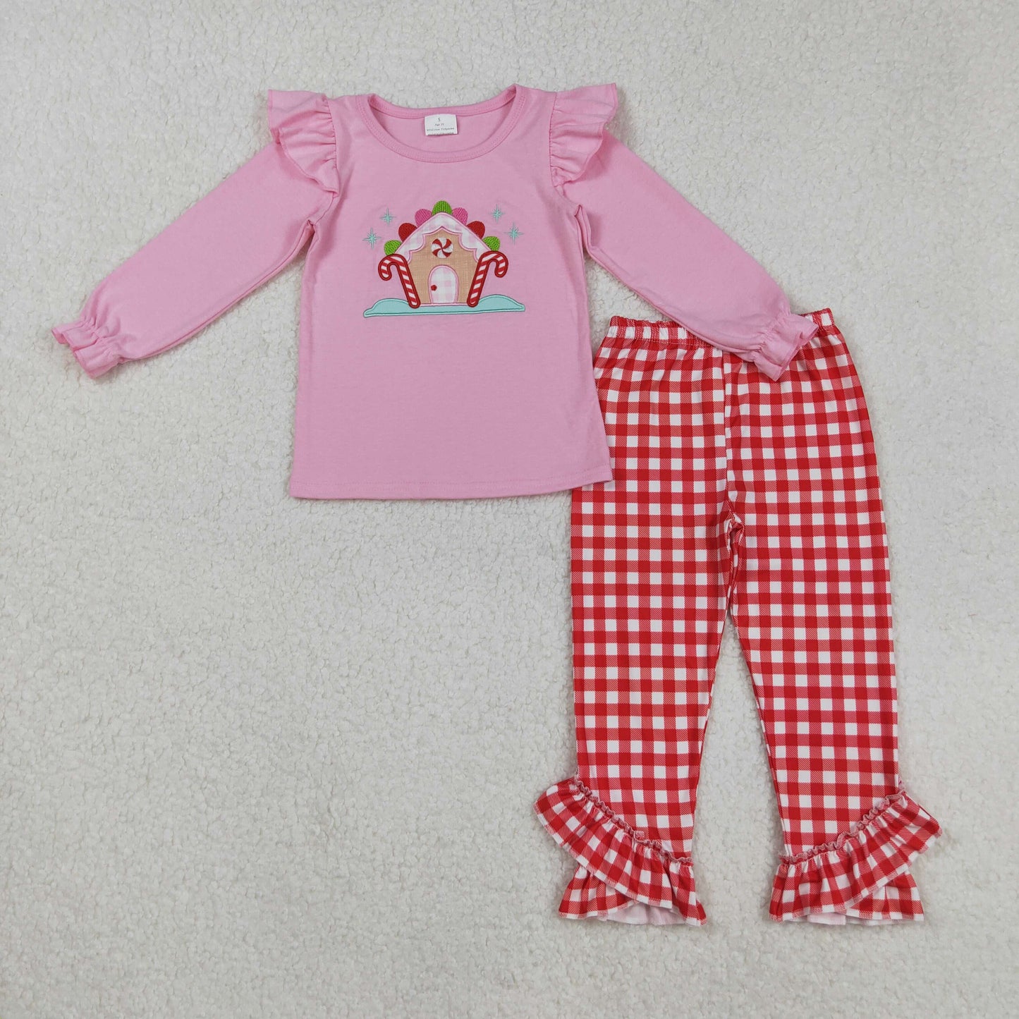 Baby Girl Long Sleeves Embroidery Candy Cane Pink Shirt Plaid Ruffle Pants Christmas Set RTS