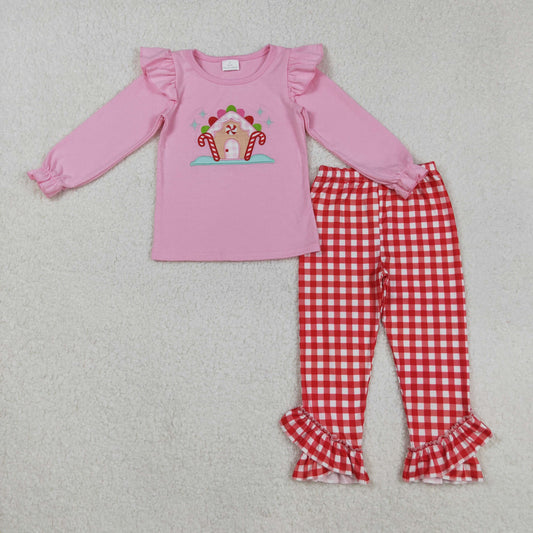 Baby Girl Long Sleeves Embroidery Candy Cane Pink Shirt Plaid Ruffle Pants Christmas Set RTS
