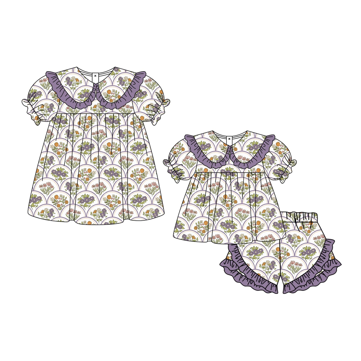 ( Moq 5 Each Style ) Baby Girls Kids Purple Flower Short Sleeves Sibling Summer Dress Set