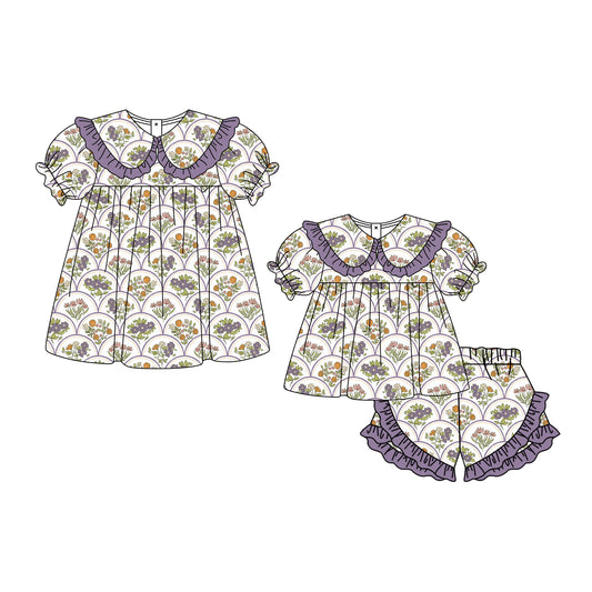 ( Moq 5 Each Style ) Baby Girls Kids Purple Flower Short Sleeves Sibling Summer Dress Set