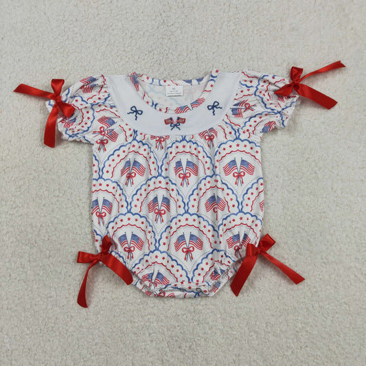 Baby Girls Short Sleeves Embroidery Flags Bows Stars 4th of July Bubble Romper RTS