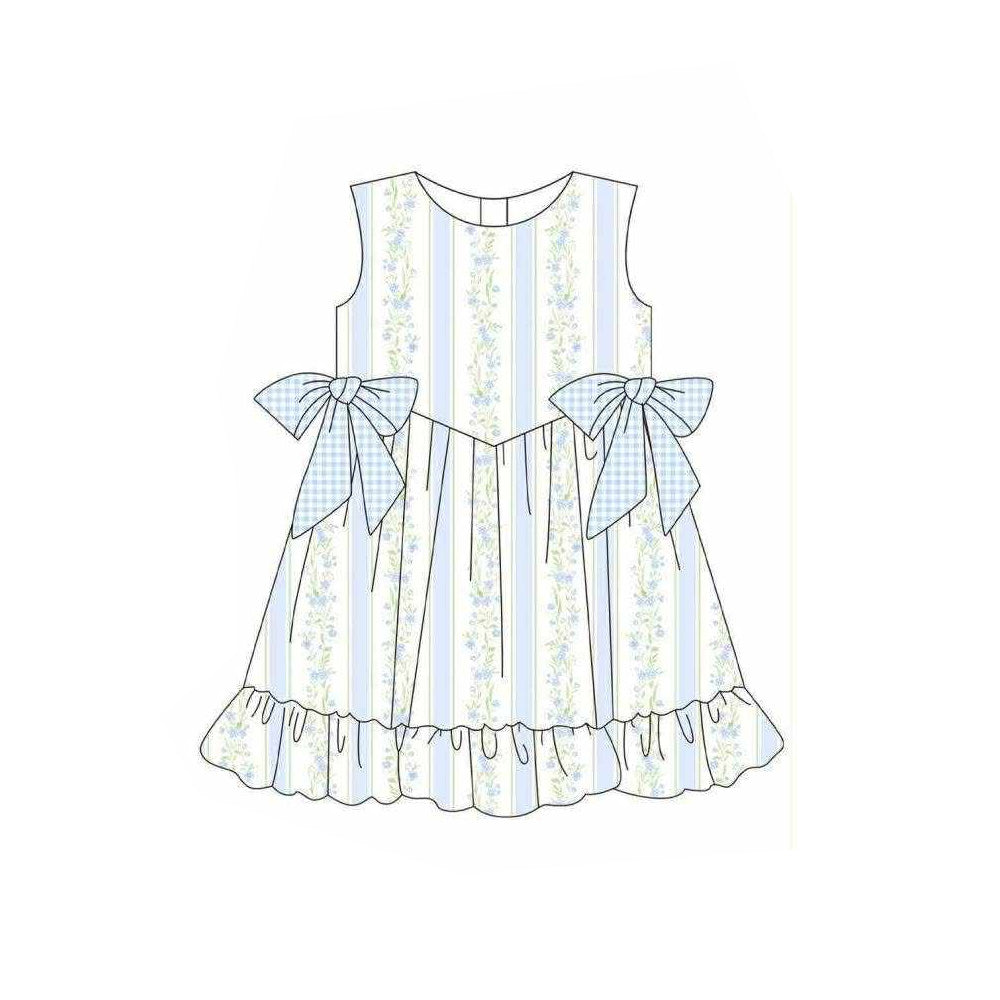 ( Moq 5 ) Preorder Baby Girls Kids Sleeveless Bows Flower Stripes Ruffle Knee Length Dress