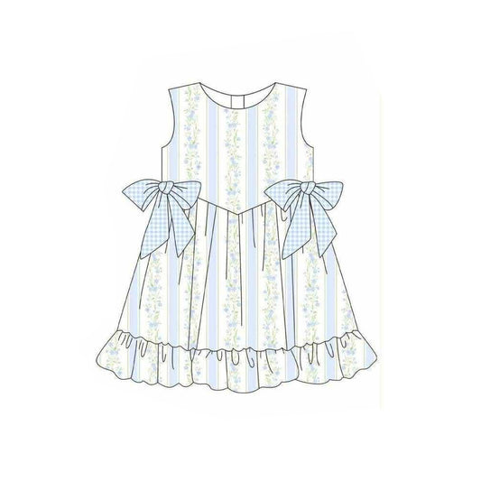 ( Moq 5 ) Preorder Baby Girls Kids Sleeveless Bows Flower Stripes Ruffle Knee Length Dress