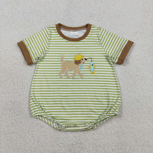 Baby Boys Kids Short Sleeves Embroidery Dog Fishing Green Stripes Bubble Romper RTS
