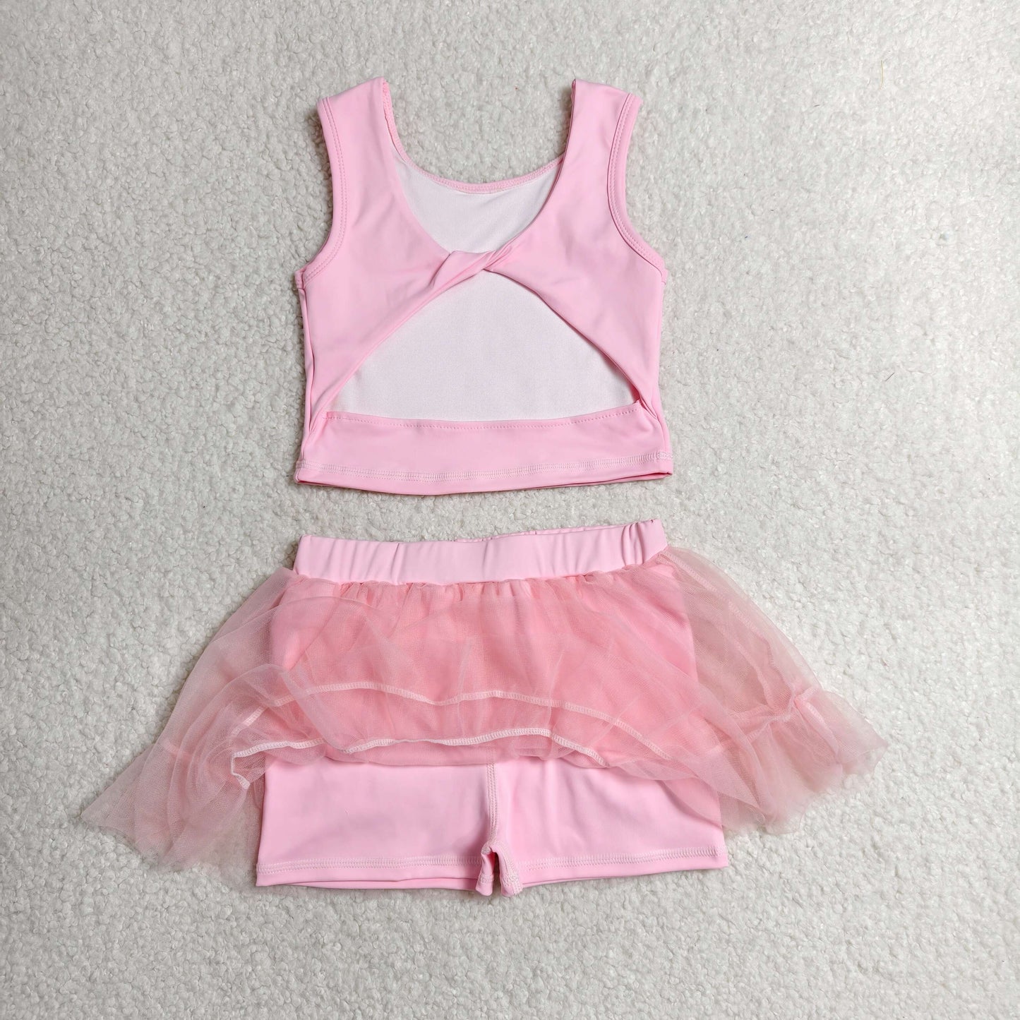 Baby Girls Kids Pink Tops Tulle Skirt Shorts Set Yoga Active Summer Clothes RTS