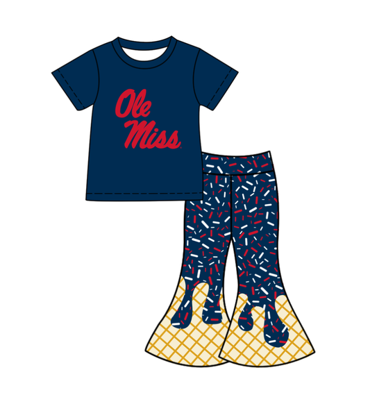 ( Moq 5 ) Baby Girls Short Sleeves Navy Shirt Drip Sprinkles Bell Pants Team Clothes Set