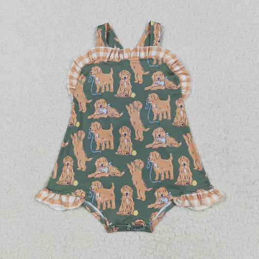 Baby Girl Infant Straps Dogs Bow Bubble Romper RTS