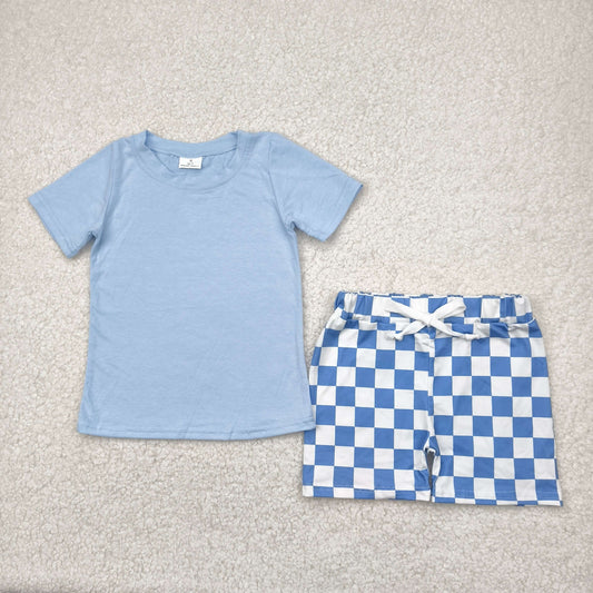 Baby Kids Toddler Short Sleeves Blue Shirt Checked Shorts Set RTS