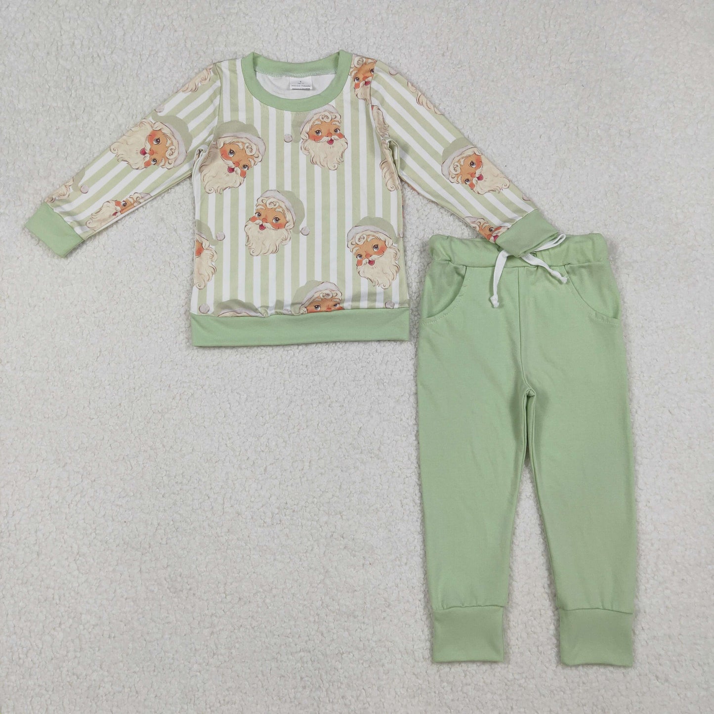 Baby Boy Long Sleeves Stripes Santa Shirt Pockets Green Pants Christmas Set RTS
