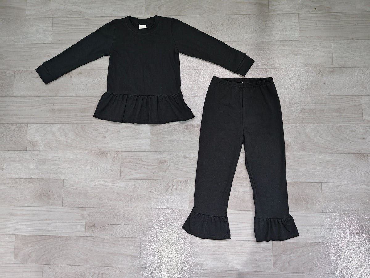 ( No moq ) Preorder Baby Girls Kids Long Sleeves Ruffle Tops Pants Black Set Cotton Clothes
