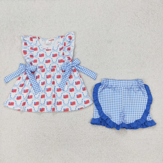 Baby Girl Blue Bows Flag Tunic Blue Plaid Ruffle Shorts Clothes Set RTS