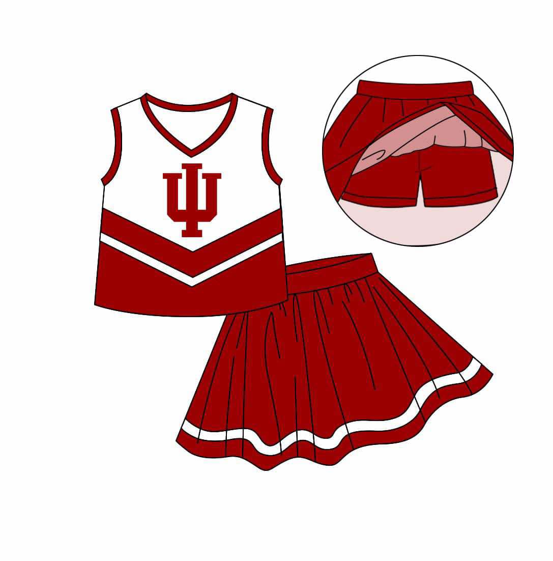 Baby Girl Kids Toddler Sleeveless Shirt Red Skirt Shorts Skort Clothes Team Cheer Set ( Moq 5 )