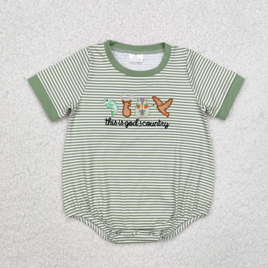 Baby Boy Infant Short Sleeves Embroidery God Country Hunting Bubble Stripes Romper