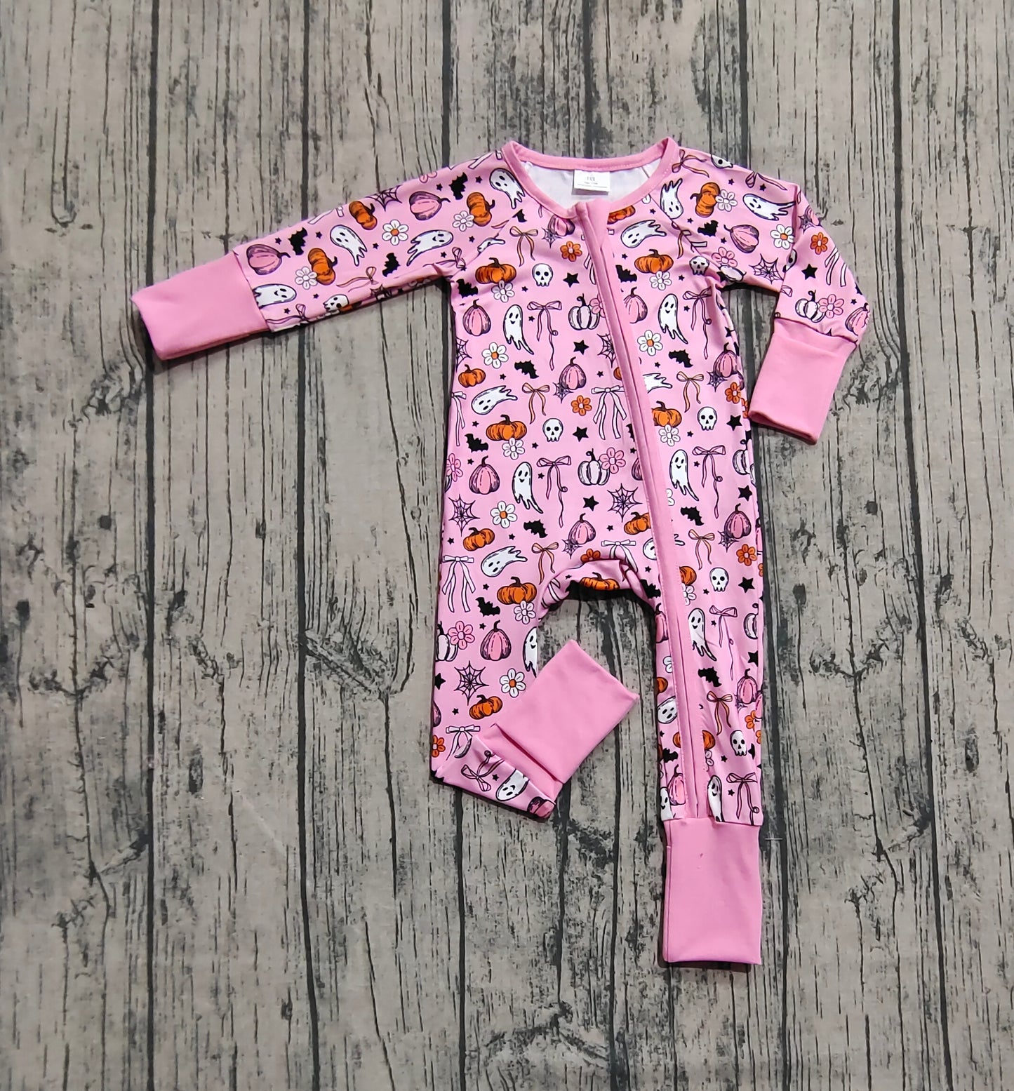 Baby Girl Long Sleeves Ghost Pumpkins Bows Flower Zipper Halloween Pink Romper RTS