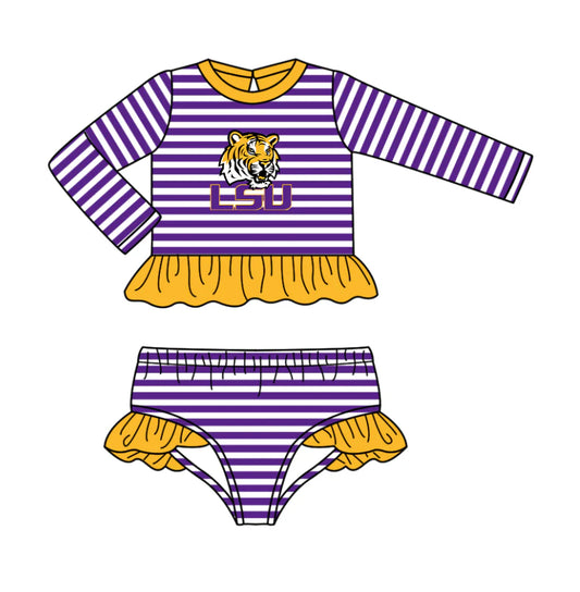 ( Moq 5 ) Baby Girls Long Sleeves Tiger Ruffle Tops Purple Stripes Shorts Team Set Swimsuit
