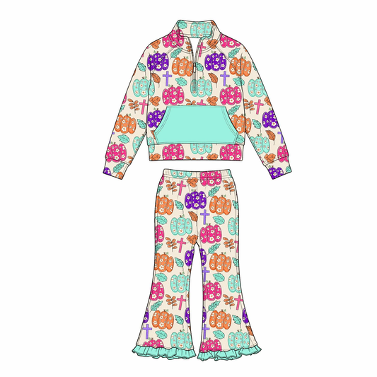 ( Moq 5 ) Preorder Baby Girls Kids Flower Pumpkins Zipper Shirt Pants Fall Set Clothes