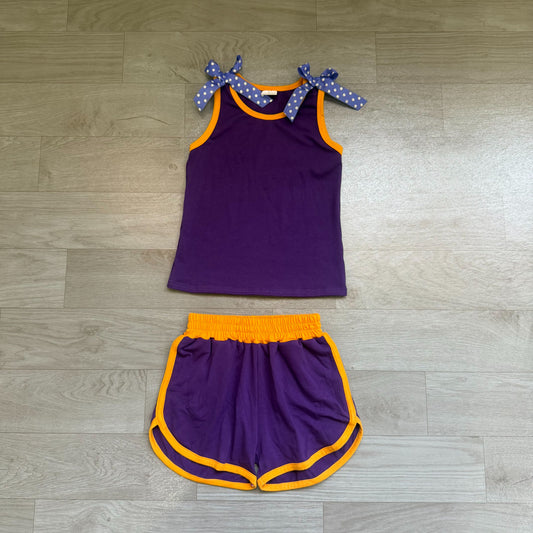 ( No moq ) Preorder Baby Girls Kids Dogs Bows Shirt Shorts Purple Set Summer Clothes
