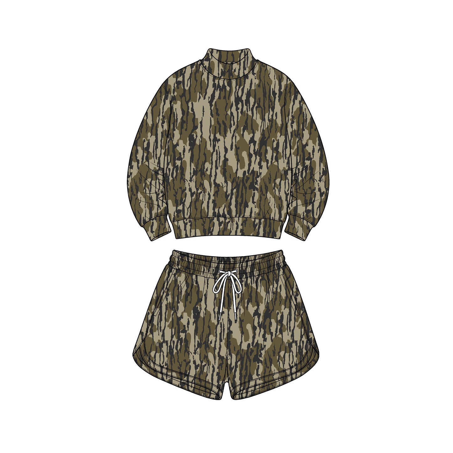 ( No moq ) Preorder Adult Women Long Sleeves Olive Camo Shirt Pockets Shorts Yoga Active Set Clothes