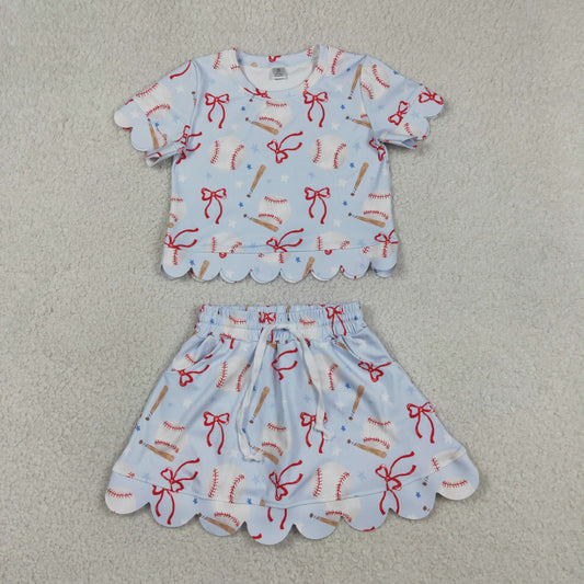 Baby Girls Short Sleeves Baseball Bows Shirt Shorts Skirt Yoga Active Blue Clothes Set RTS