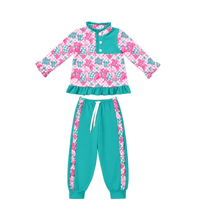 ( Moq 5 ) Preorder Baby Girls Kids Western Cowgirl Buttons Shirt Green Pockets Pants Set Clothes