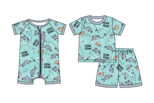 ( Moq 5 Each Style ) Sibling Baby Boys Kids Fishing Hats Blue Shirt Shorts Set Romper