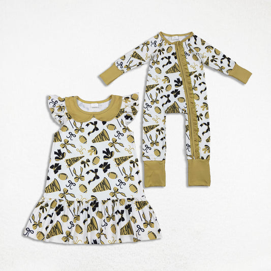 Sibling Baby Girls Gold Bows Footballs Go Team Ruffle Zipper Footie Romper Knee Length Dress